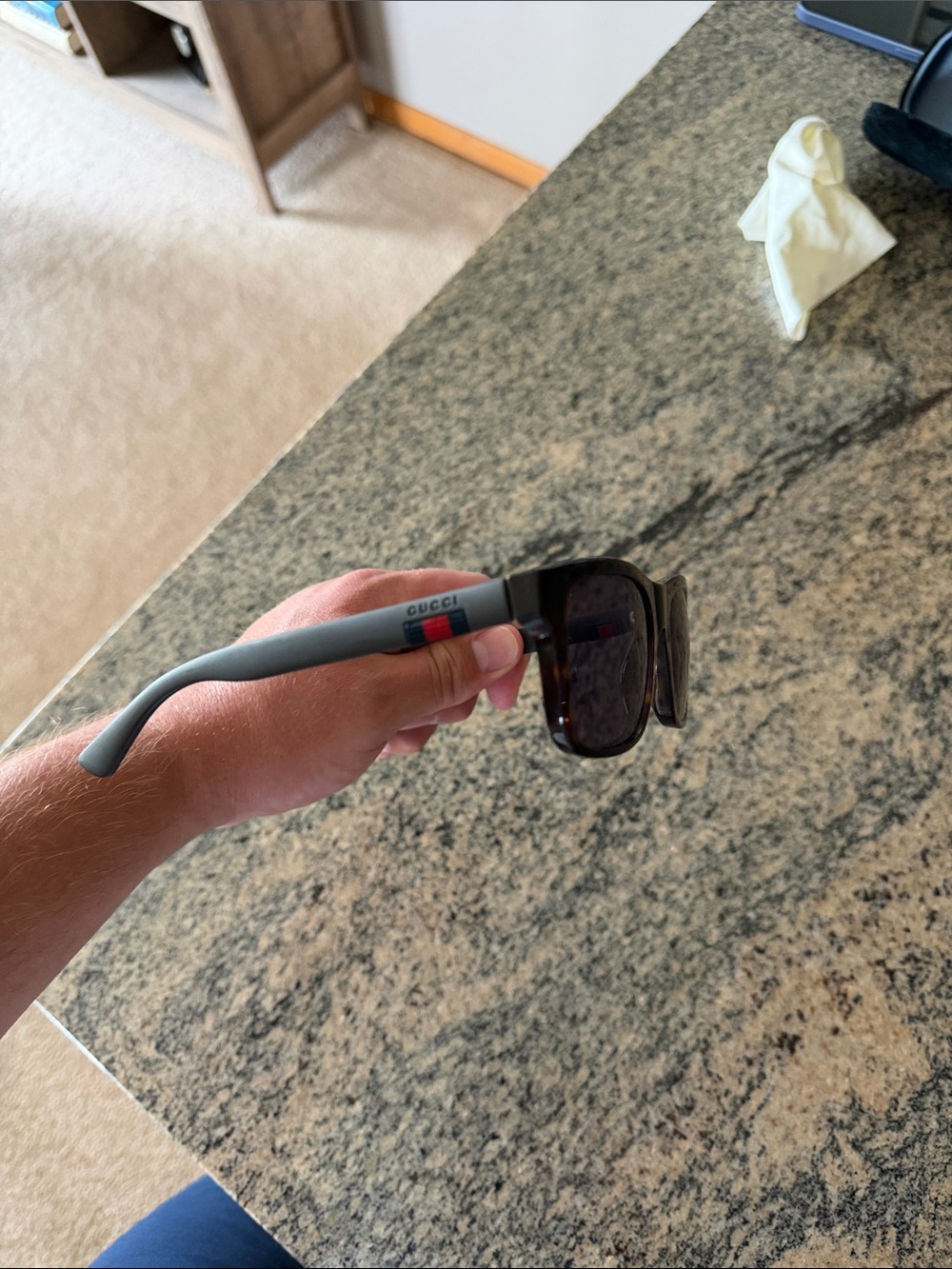 Gucci Tortoise Front Sunglasses with Gray Arms and Red/Green Stripe